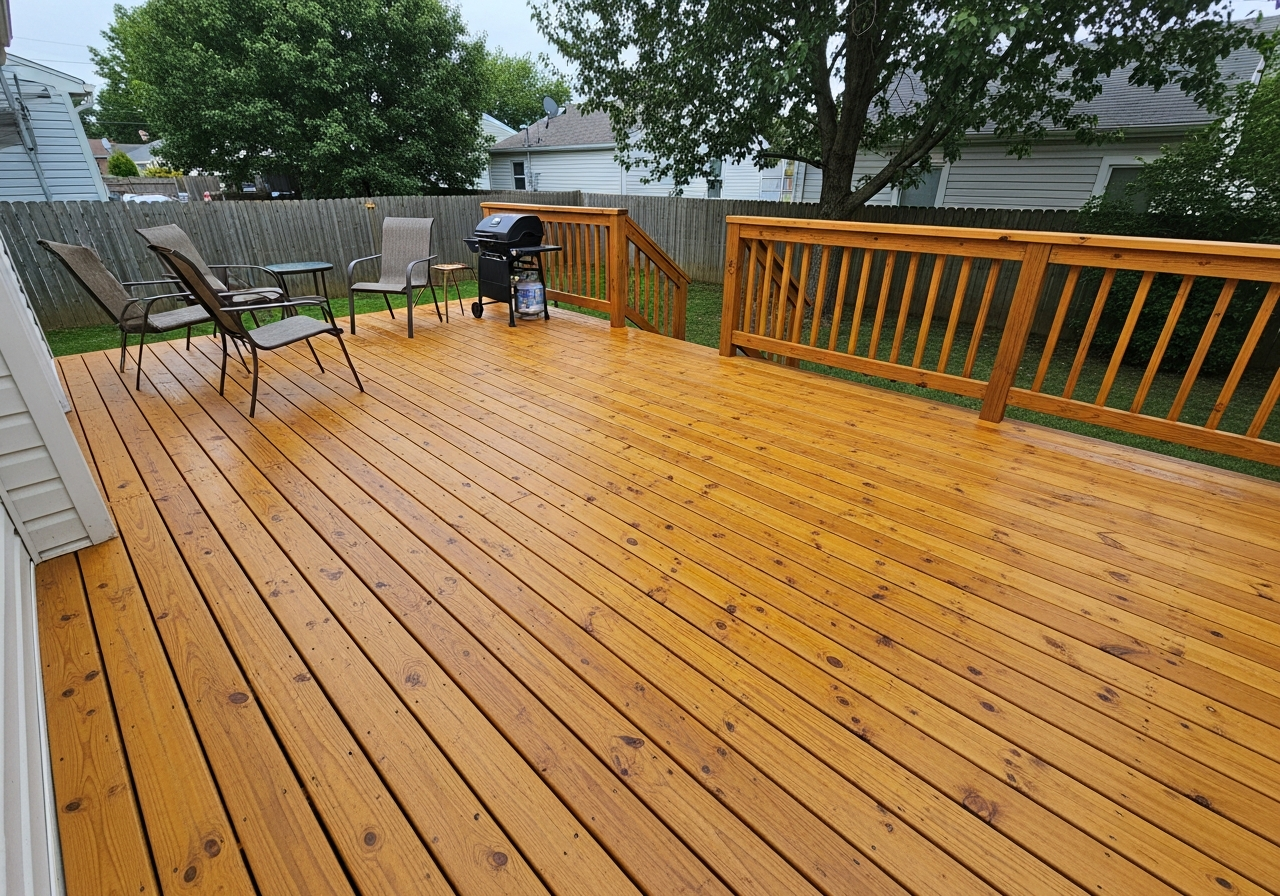 Wood deck after pressure washing and brightening — restored honey-brown wood grain