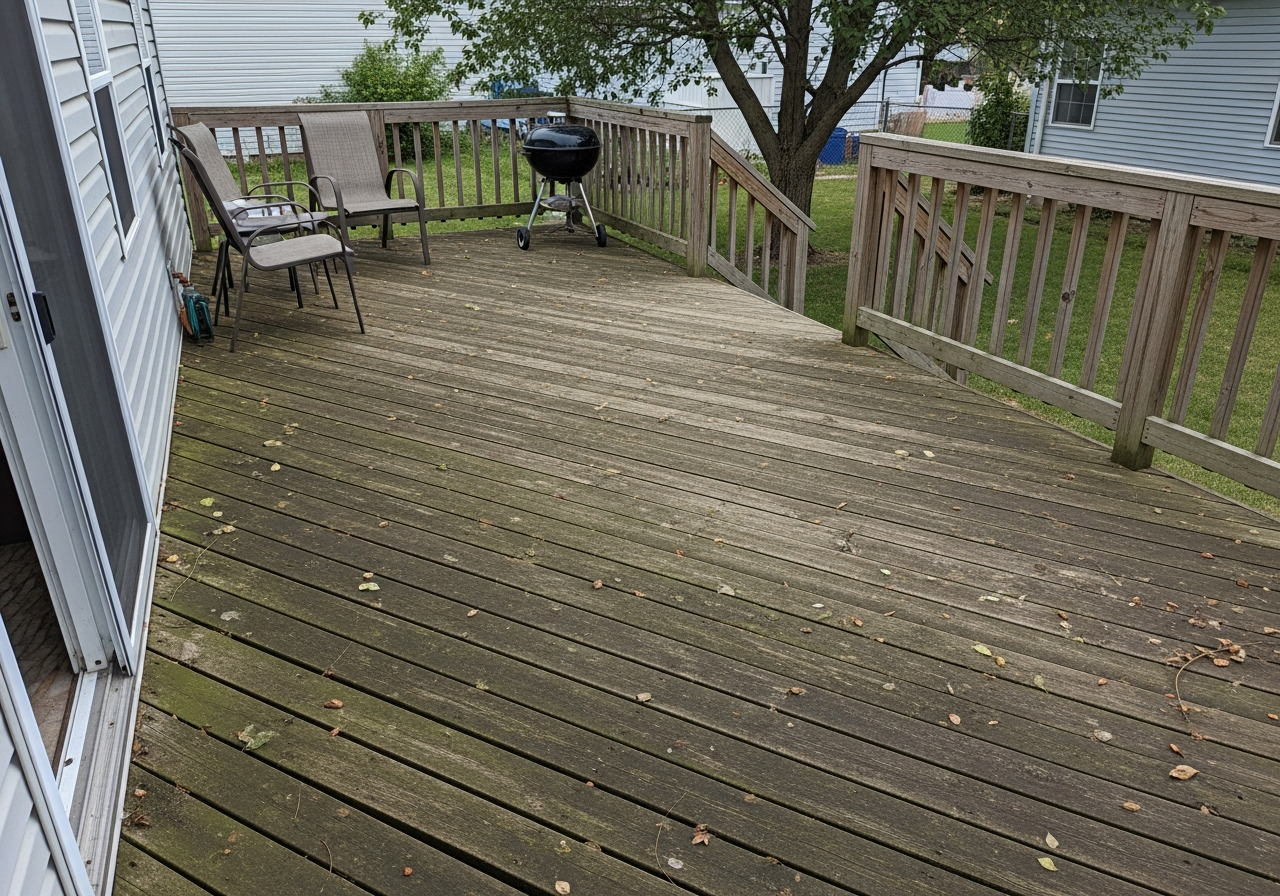 Wood deck before pressure washing — weathered, gray, and covered in algae