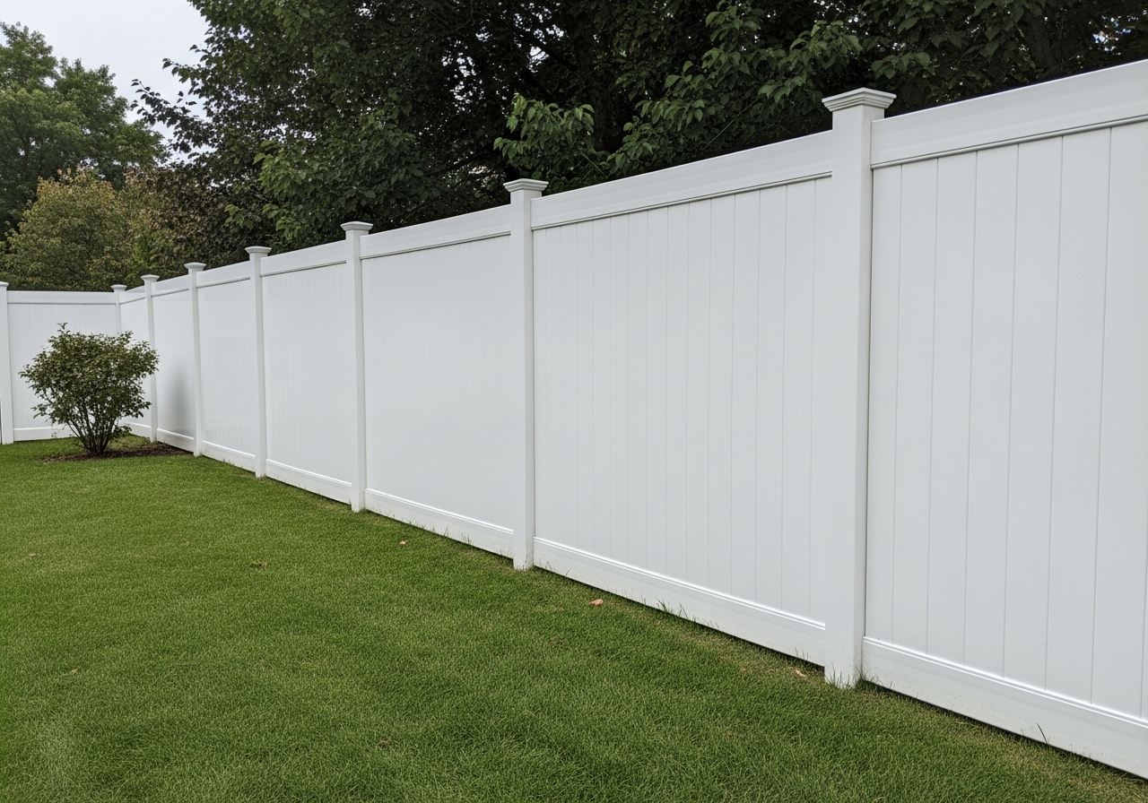 White vinyl fence after soft washing — bright clean white panels