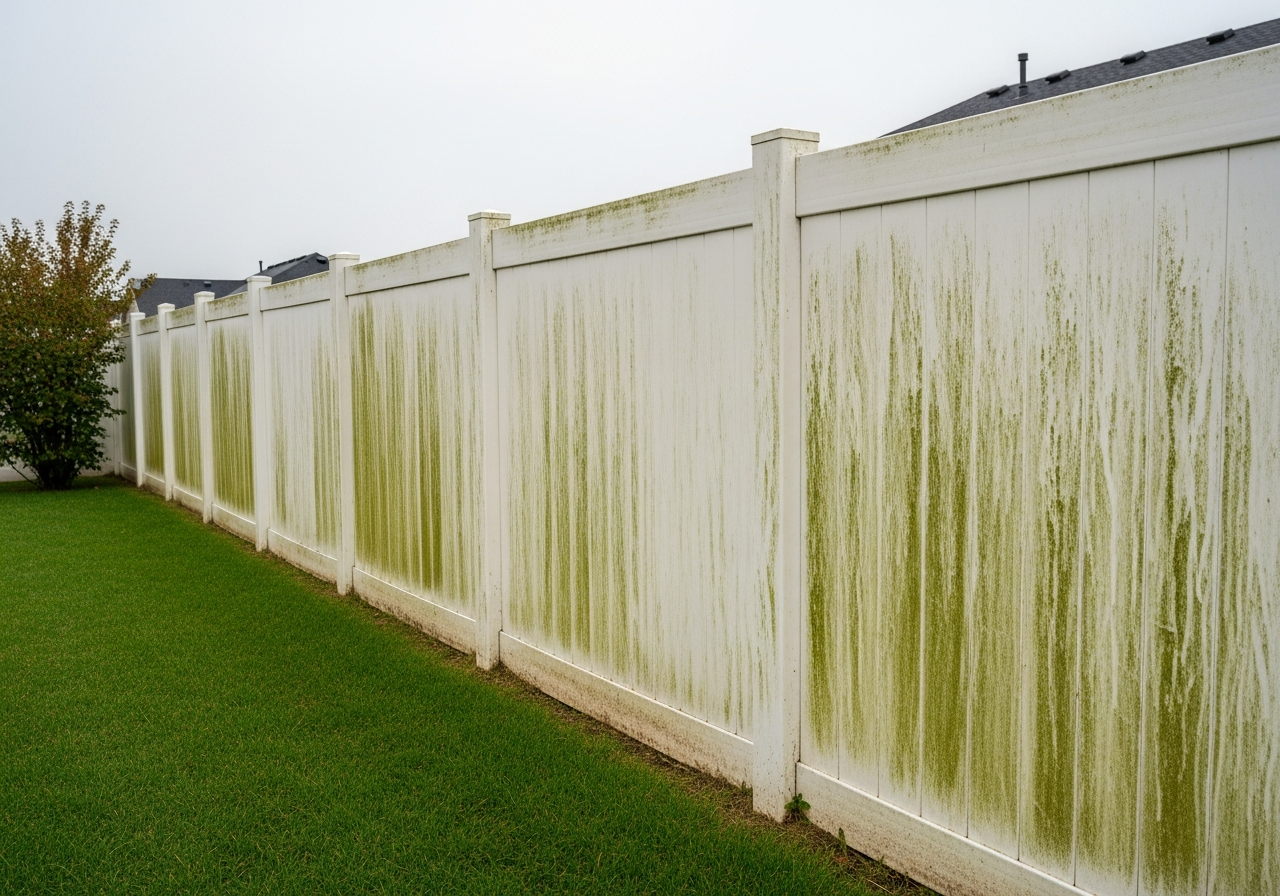 White vinyl fence before soft washing — green algae streaks and dirt buildup