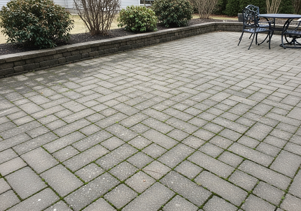 Paver patio before pressure washing — black mildew, algae, and weeds in the joints