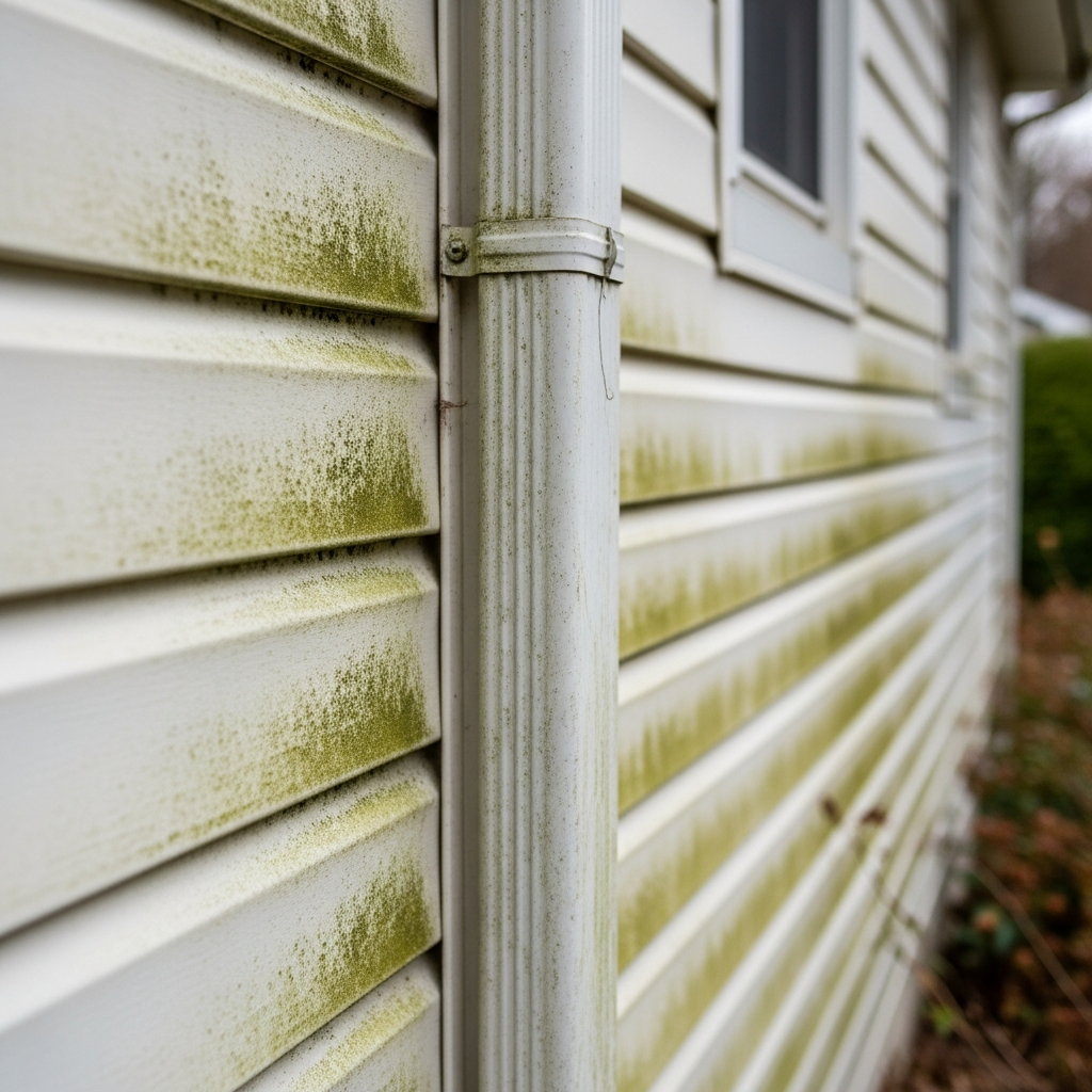House siding before pressure washing — covered in algae and mildew